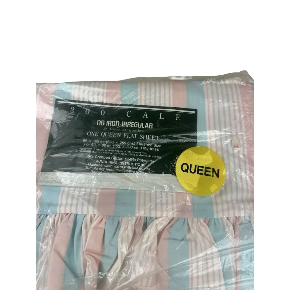 2 Vintage Cale Queen Flat Sheets Pink Blue Stripe Ruffle NOS No Iron Irregular